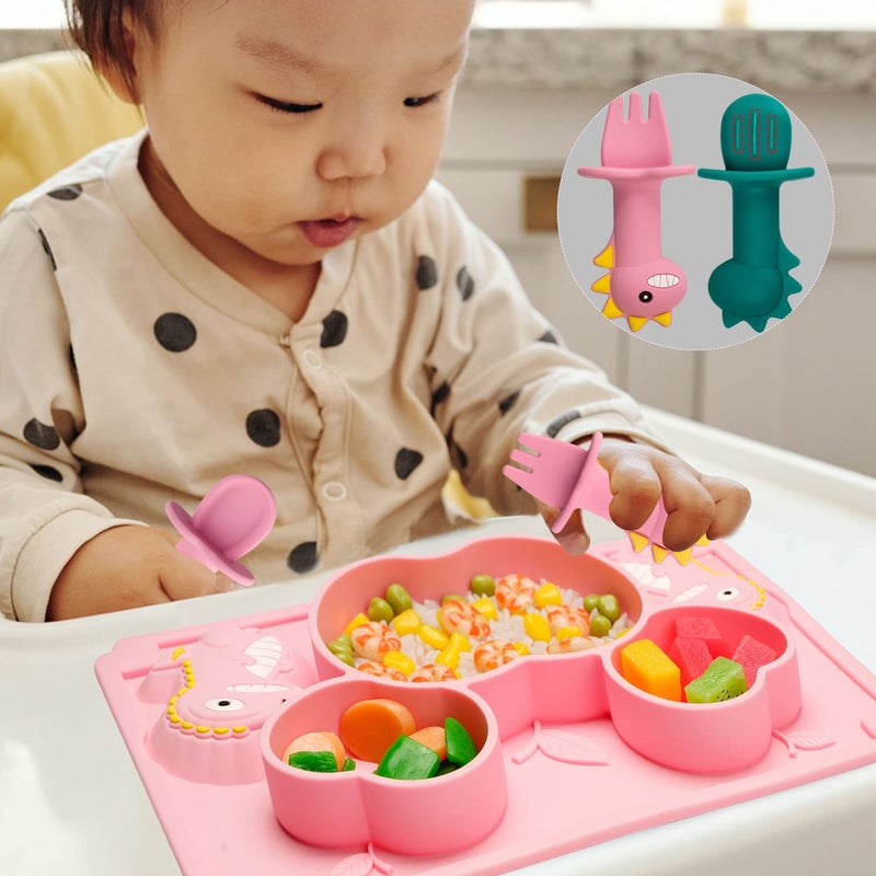 NICINGU 3Pcs Toddler Silicone Dinosaur Placemat Spoon and Fork Set,Divided Plate Dish for Baby Kids Infant Self Feeding Training，Non-Suction BPA Free Microwave Dishwasher Safe-Pink Dinosaur - Image 2